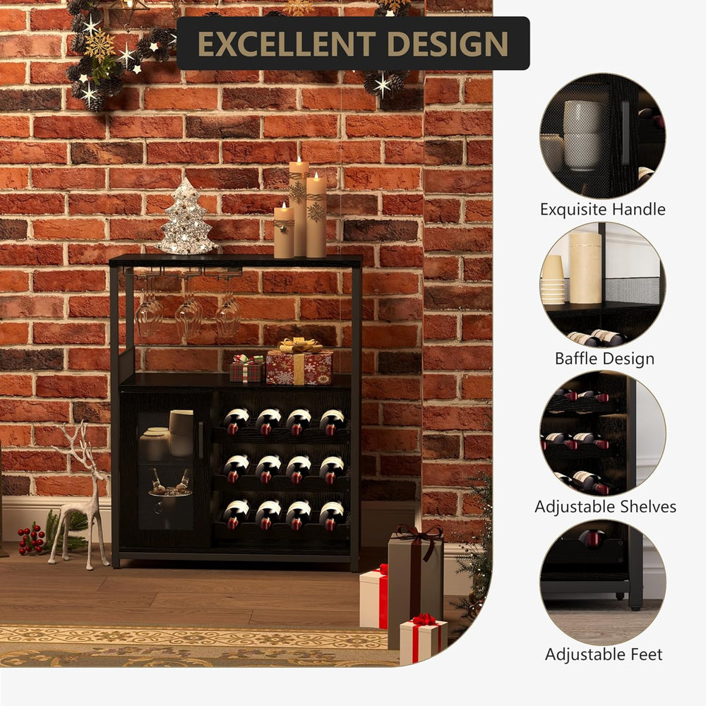 Wine Bar Cabinet with Wine Rack & Glass Holder, Wine Rack Table with Baff...