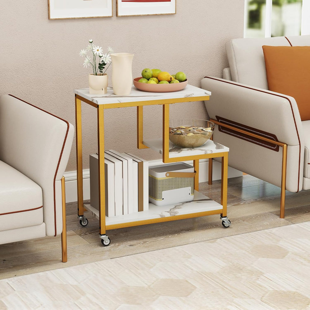Giantex 3-Tier Side Table with Wheels, G-Shaped Mobile End Table with Open Sh...