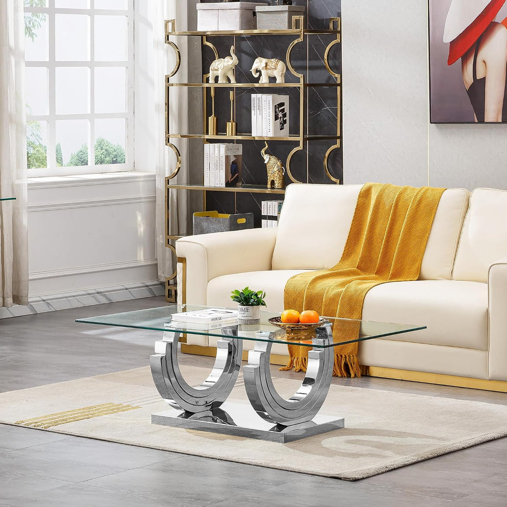 HomVent Glass Coffee Table with Silver Stainless Steel Base | 47"Rectang...