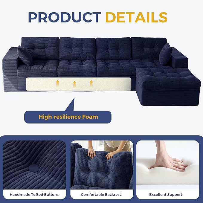 MAXYOYO 132" L Shaped Modular Sectional Sofa with Ottoman, Cloud Boneless Couch with Layered Cushion, Upholstered Sofa in a Box, Flexible Module Combination for Living Room, No Assembly, Navy