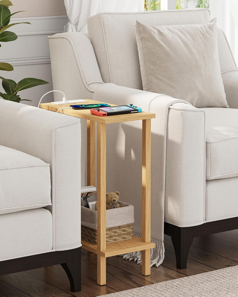 TUTOTAK Small End Table with Charging Station, Narrow Side Table with USB Por...