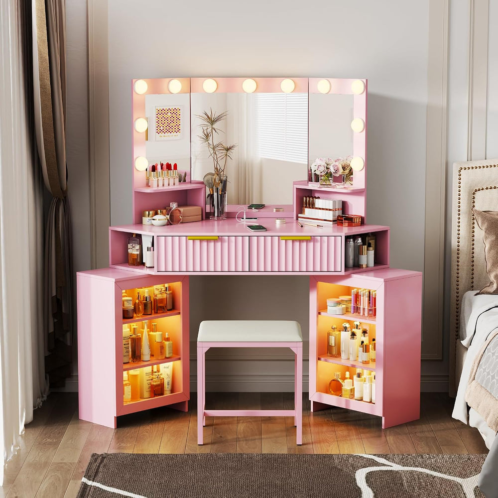 Corner Makeup Vanity with LED Triple Mirror and Charging Station - Pink | SKK...