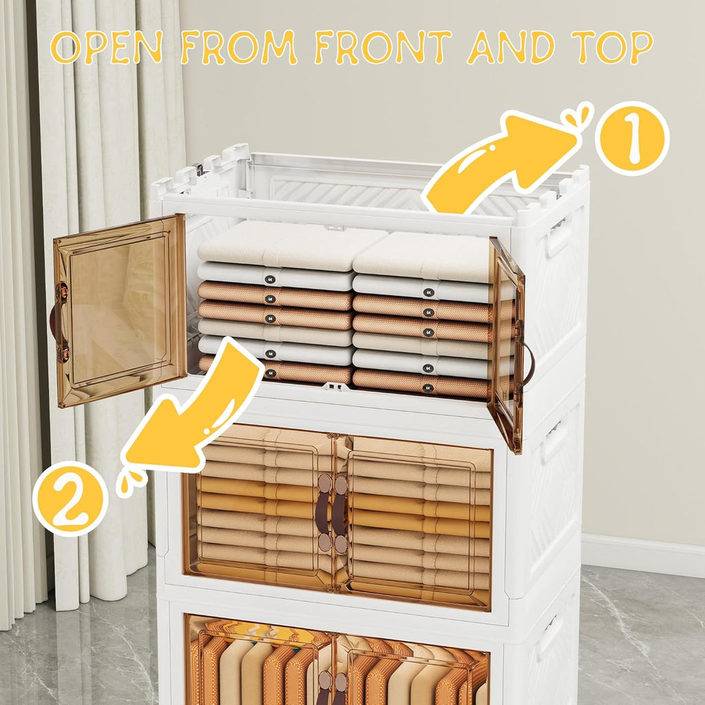 Storage Bins with 2 Lids and Wheels, Collapsible Bathroom Storage Cabinet with Clear Doors, Plastic Stackable Closet Organizers and Storage Containers White 597 QT