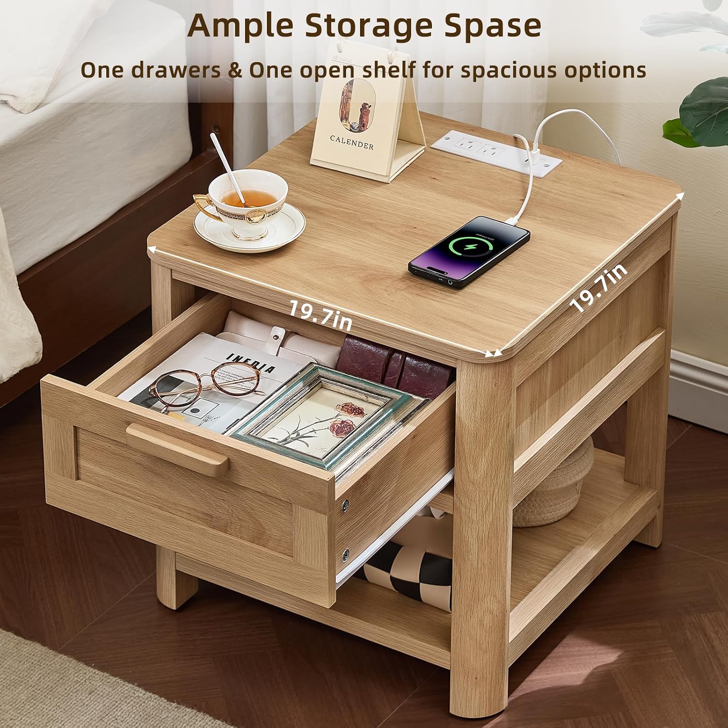 Joaxswe Farmhouse Side Table Set of 2 Living Room, Natural Wood | Small Nightstand with 1 Drawers & Open Shelving & 4 Thickened Table Legs & Rounded Corners
