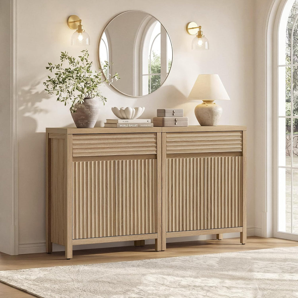 SICOTAS 29" Fluted Buffet Cabinet with Drawer, Modern Storage Cabinet | Elegant Fluted Design, Handle-Free, Adjustable Shelf, 1.38" Thick Panels, Living Room, Kitchen & Entryway, 1 PCS, Light Oak