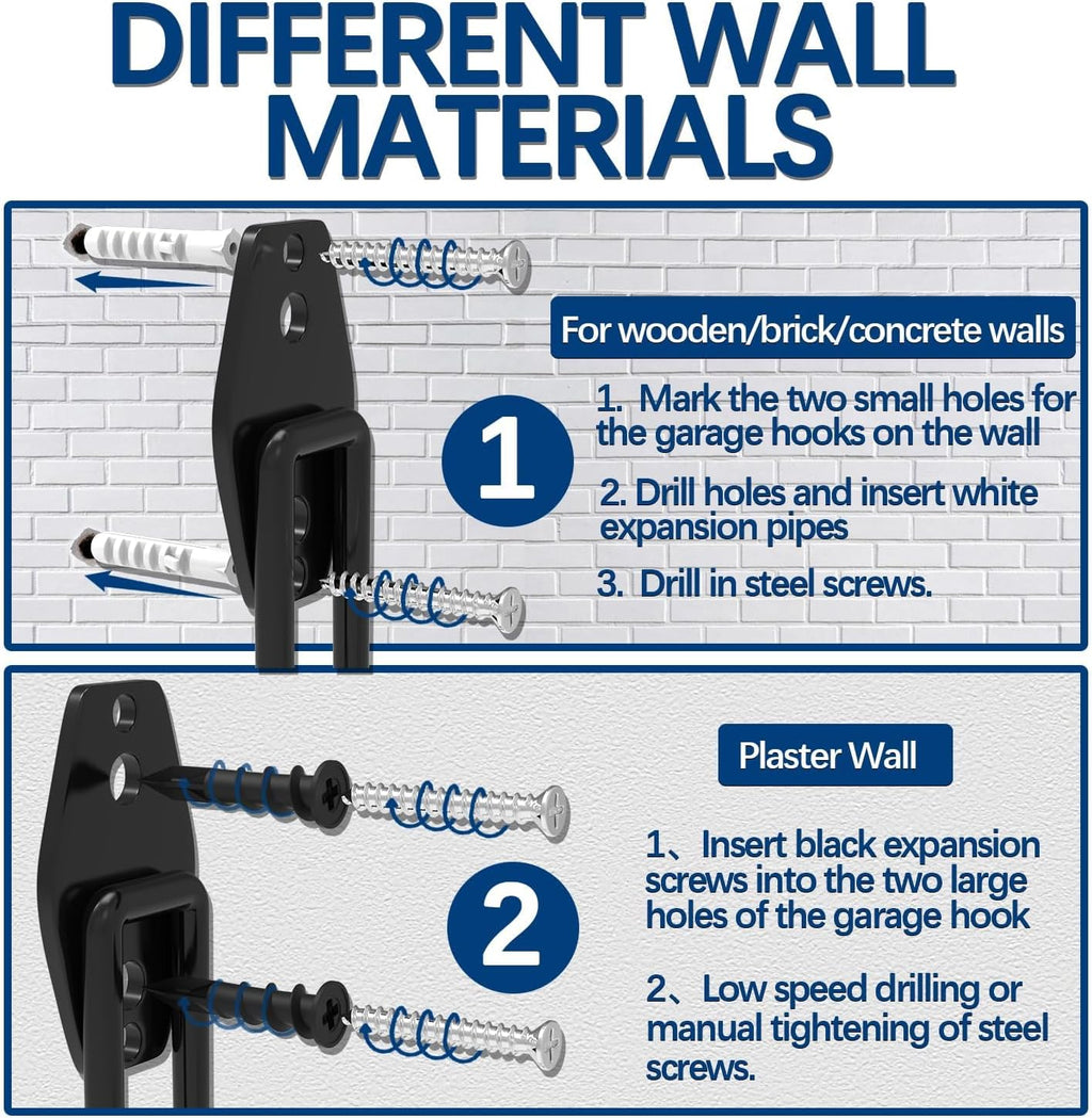 3-H Heavy Duty Garage Hooks with Extra Welding Spots, Utility Hooks for Hanging, Garage Organizer for Garden, Lawn, Yard Tools, Chairs, Ladders, WeedEater, Shovel(Black)