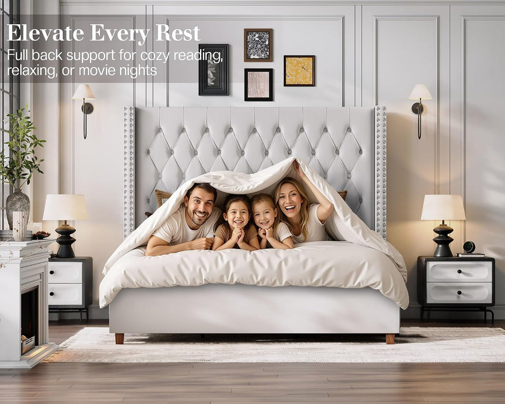 Jocisland Queen Bed Frame 61.4" Tall Headboard Velvet upholstered,Cream