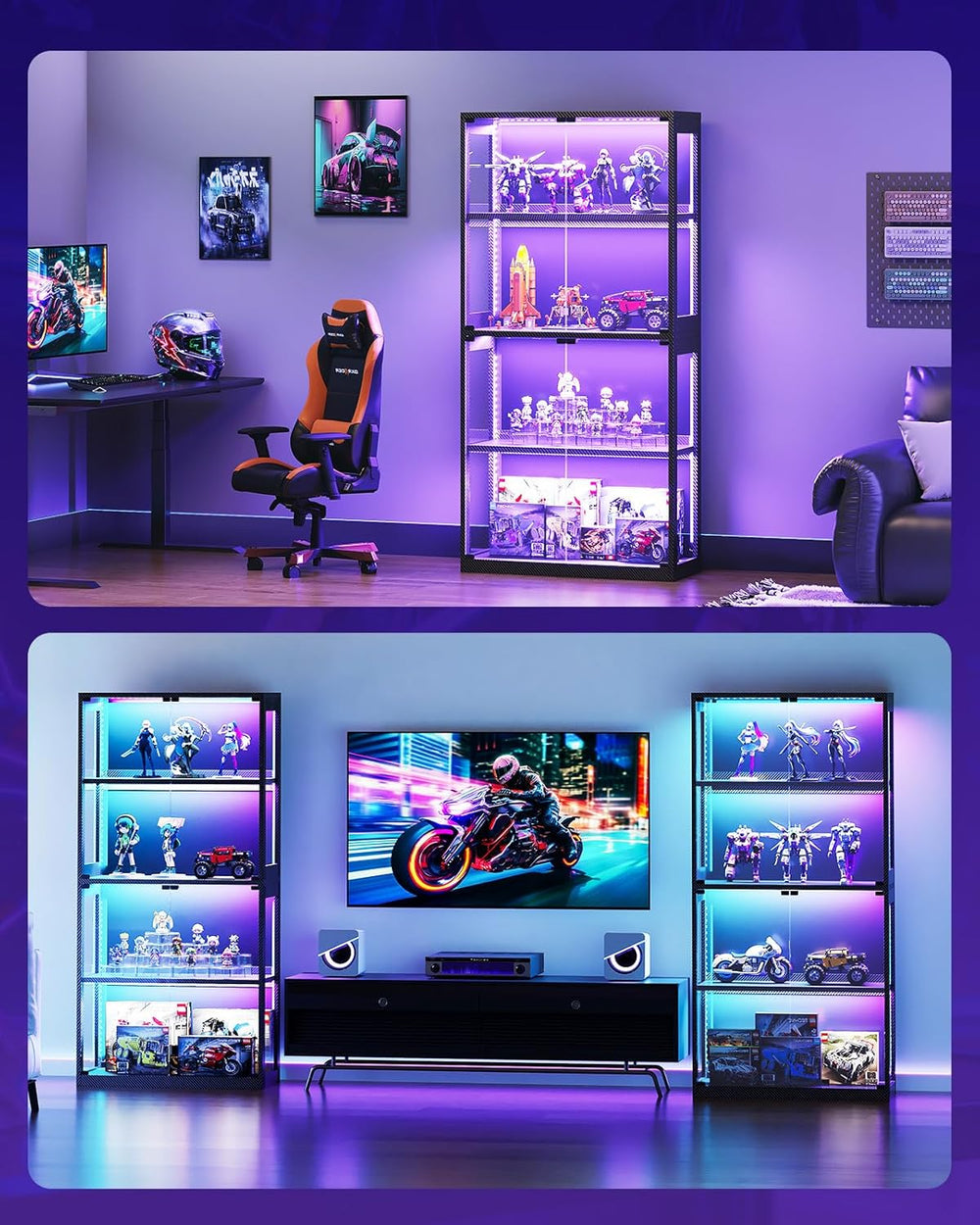 AODK Display Cabinet with Glass Door, 4-Tier Display Case with LED Lights, Di...