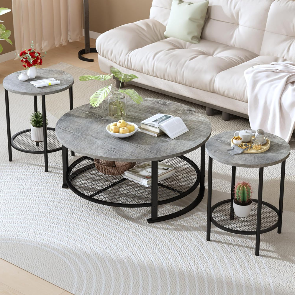 DKLGG 3-Piece Coffee Table and End Table Sets for Living Room, Round Coffee T...