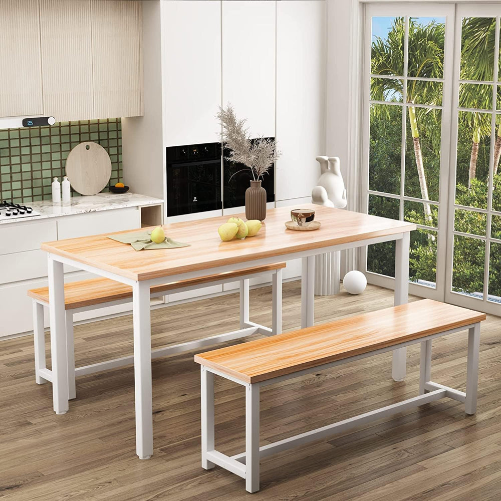 Dining Room Table Set with 2 Benches, Farmhouse Dining Table Set for 4-6, Woo...