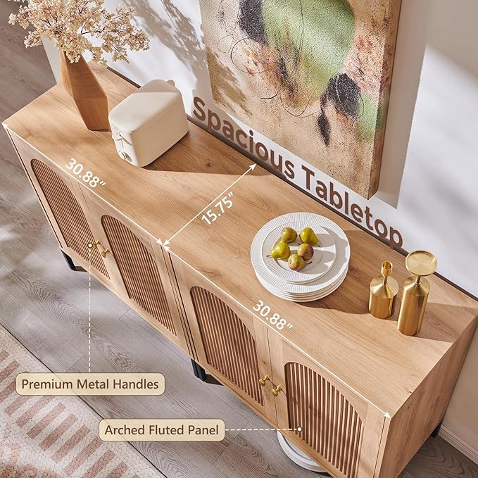 Modern TV Stands for 75 Inch TVs, 61.75‬"W Wood Entertainment Center w/Adjustable Shelves, Mid Century Modern TV Stand w/Arched Fluted Doors, Media Console Cabinet for Living Room, Natural