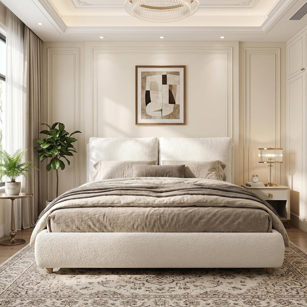 Merax Queen Boucle Upholstered Bed, 2 Removable Headboard Pillows, White