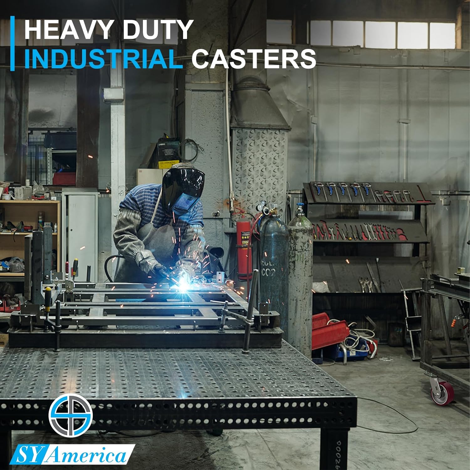 SY America 5" X 2" Casters Wheels,Heavy Duty Industrial Casters，Polyurethane on Aluminum Wheels,1 Rigid Casters,1100 LBS Load Capacity