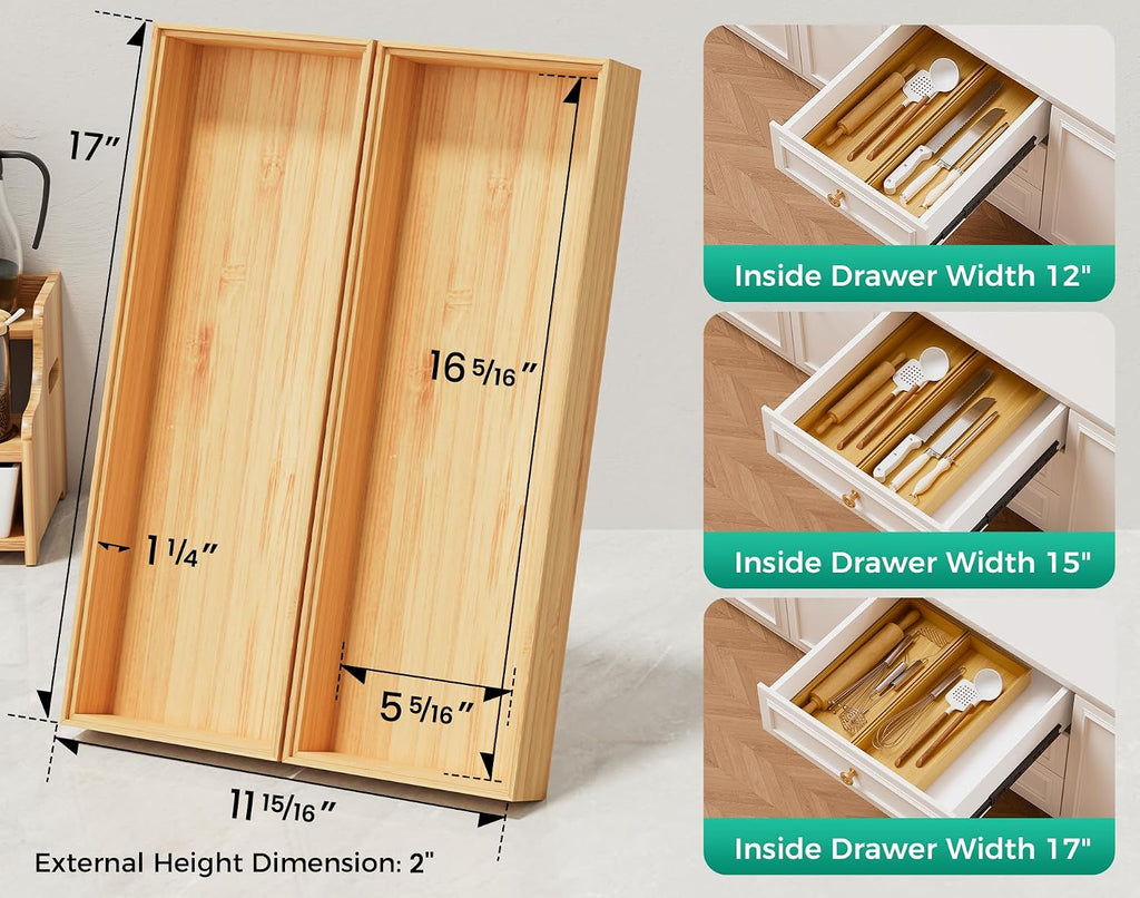Long Bamboo Kitchen Drawer Organizer Boxes 17" x 6" Wood Pantry Organizers | Set of 2 Stackable Wooden Silverware Utensil Tray for Drawers Bins Cutlery & Flatware Storage for Junk Drawer Bathroom Rv