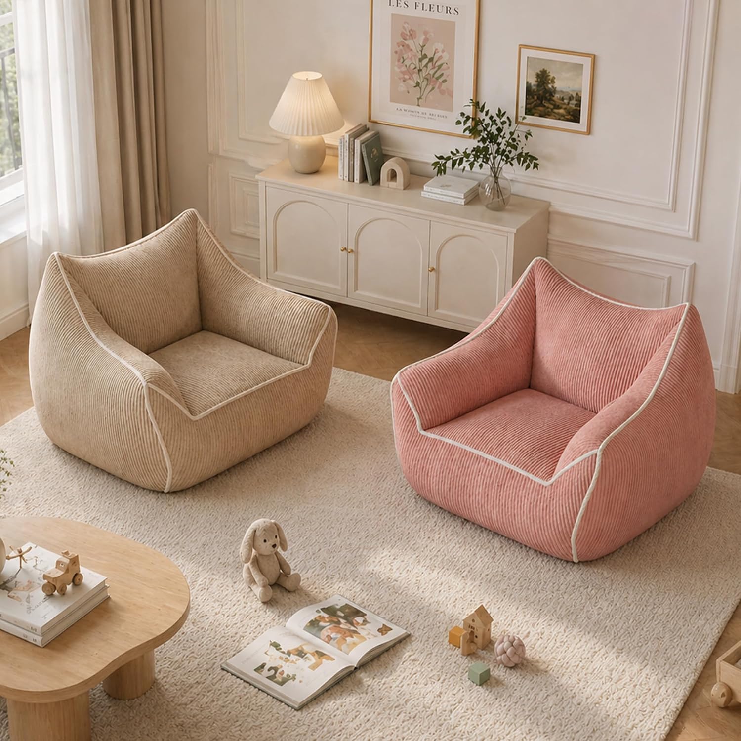 Pink Kids Bean Bag Chair, Stuffed Kids Bean Bag Sofa with Filler Corduroy Bean Bag Seat for Girls, Small Comfy Lazy Sofa Lounge Chair with Armrests and Back Support for Gaming, Reading, Pink