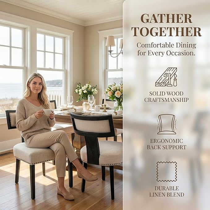 HNY Mid Century Modern Dining Chairs Set of 2, Farmhouse Linen Fabric Upholstered Accent Chairs Curved Nailhead Trim Backrest Kitchen Chairs, with Black Hardwood Frame, Beige