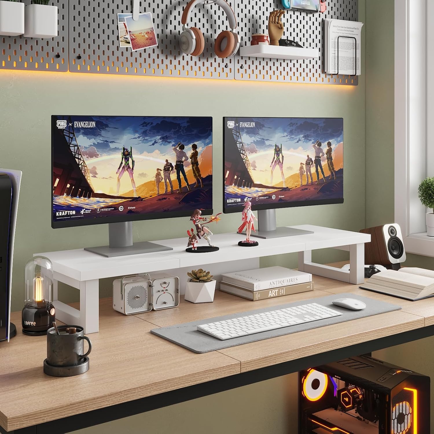 WESTREE Dual Monitor Stand Riser, Wood and Steel Monitor Stand Riser, Computer Monitor Stand for 2 Monitors, Multi-Purpose Desktop Storage Stand for Computer,Laptop,Printer,TV
