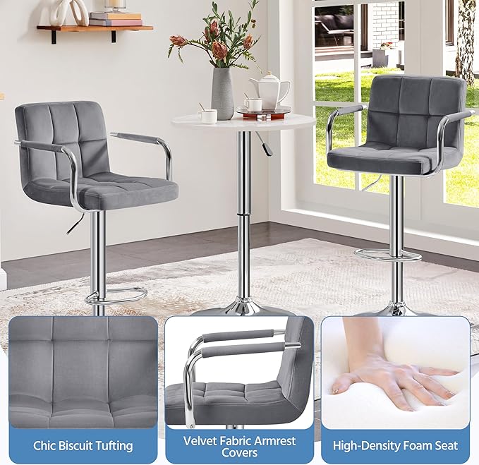 Yaheetech Counter Height Bar Stools Set of 2 Velvet Swivel BarStools for Kitc...