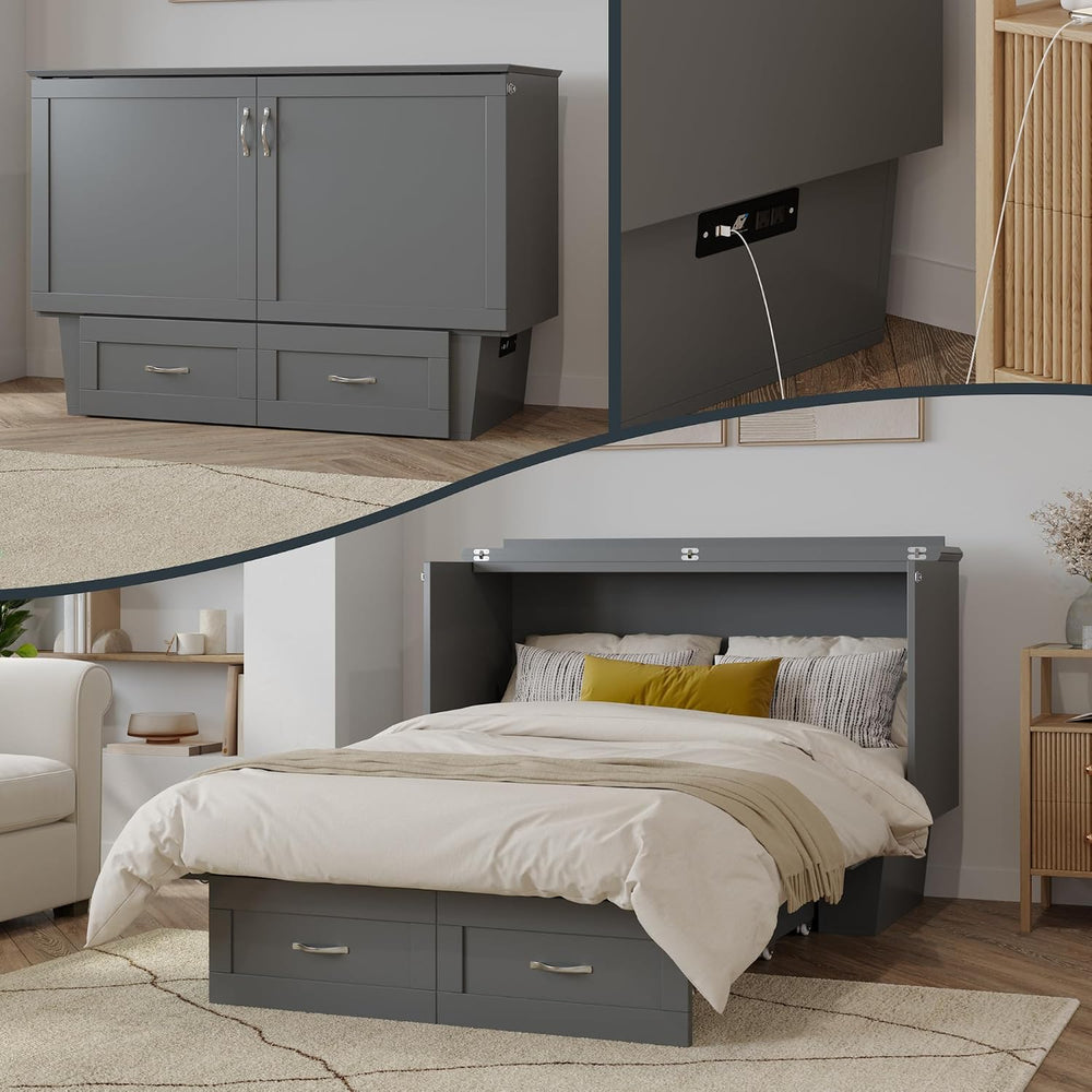 AFI, Monroe Full Murphy Bed Chest with 6" Mattress & Drawer, Grey