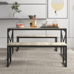 VECELO Kitchen Dining Table Benches Set for 4/6, 55" Wooden Dinette with 2 Benches, Large Embedded Desktop for Small Space, Breakfast Nook, Grey
