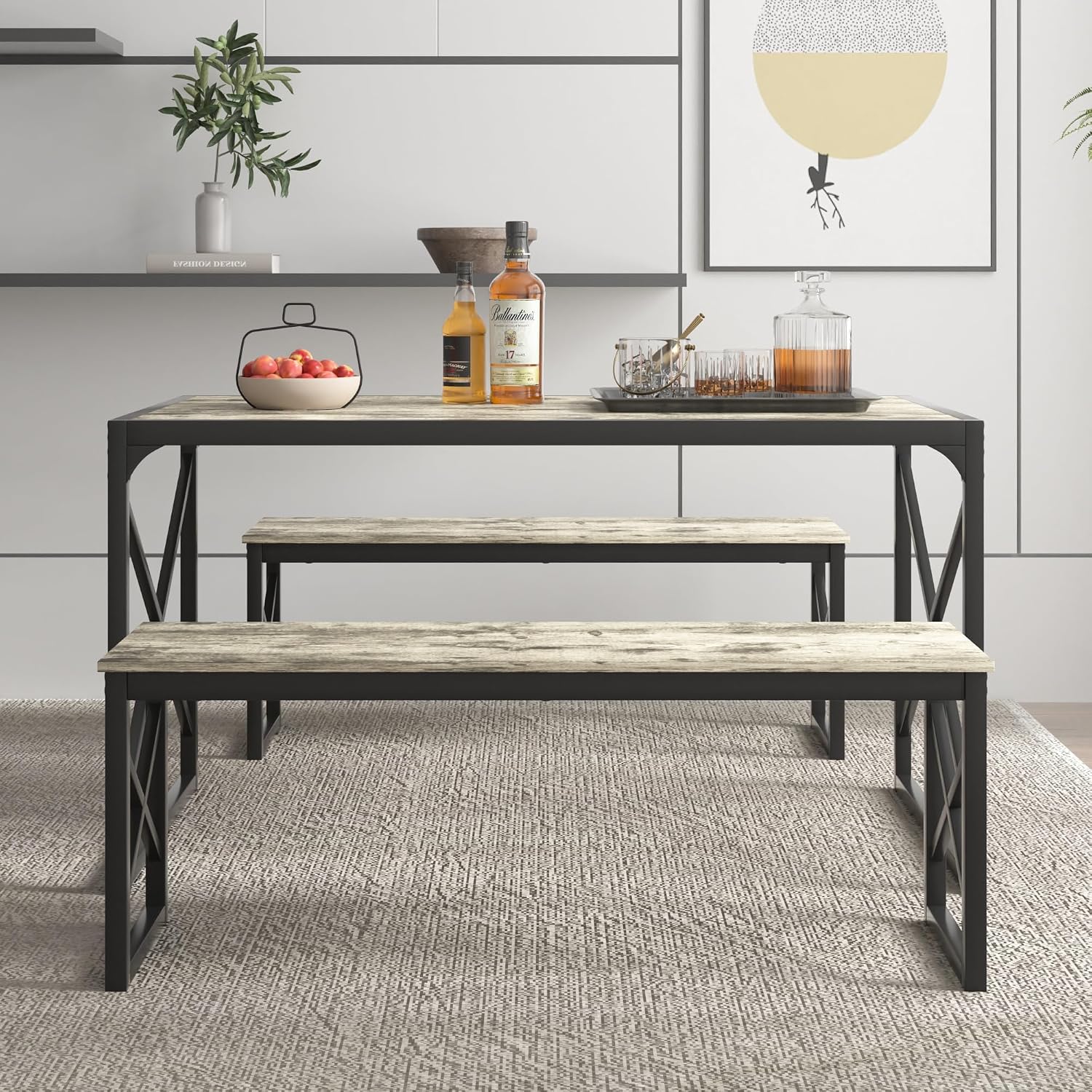 VECELO Kitchen Dining Table Benches Set for 4/6, 55" Wooden Dinette with 2 Benches, Large Embedded Desktop for Small Space, Breakfast Nook, Grey