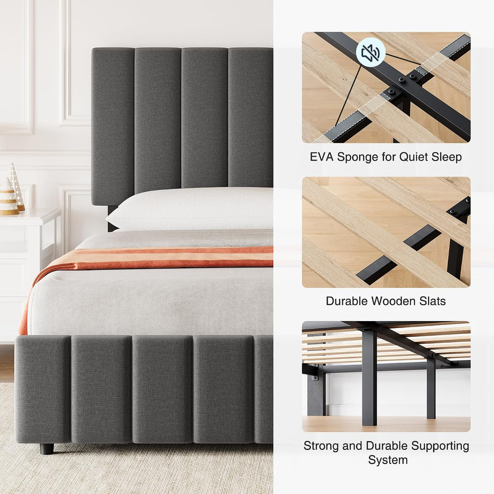 Garvee Queen Size Bed Frame, Linen Bed Frame with 4 Storage Drawers, Grey