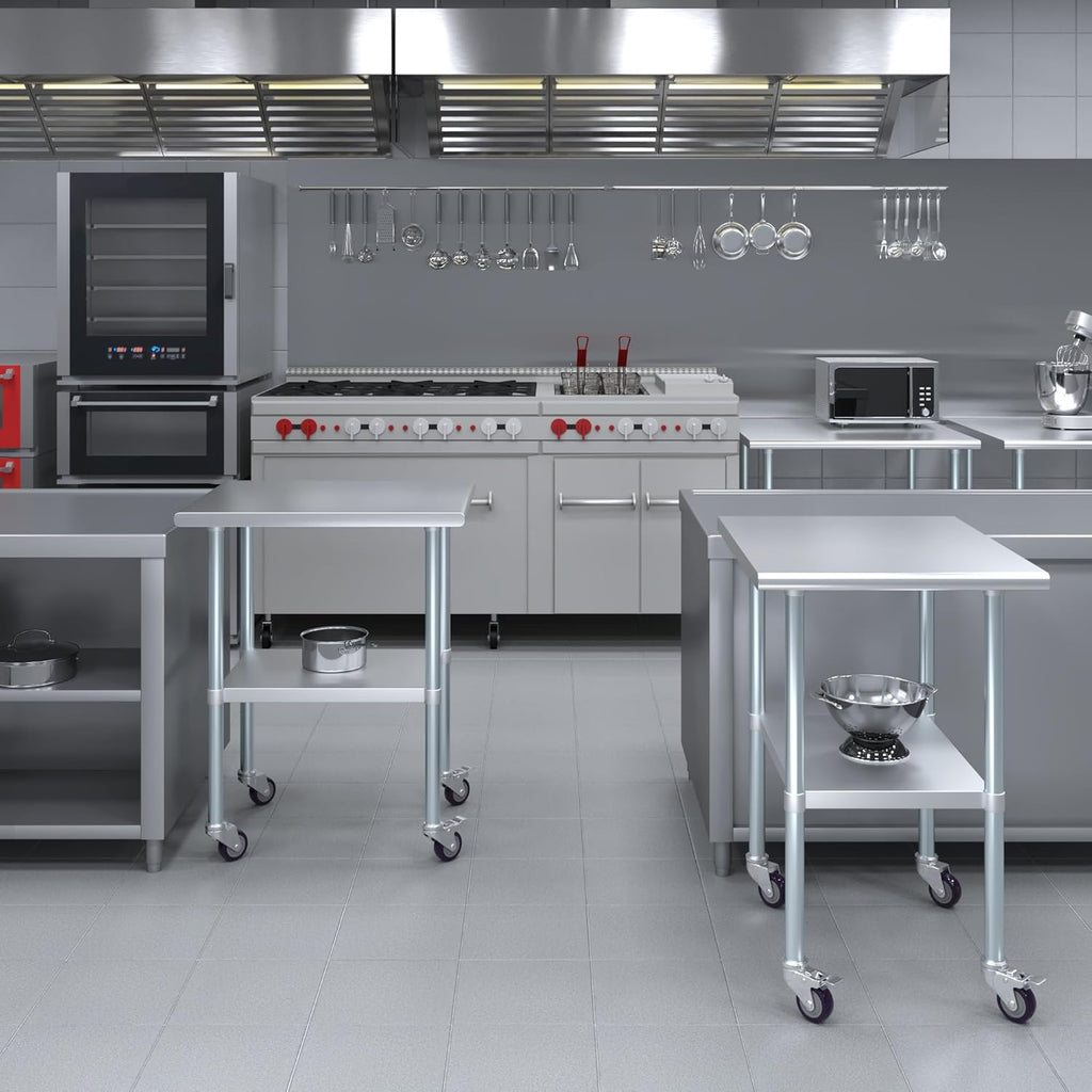 AmGood 30" x 24" Stainless Steel Work Table with Casters | Heavy Duty Metal Utility Table On Wheels | Kitchen Island Cart