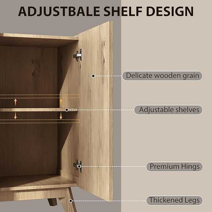 Large Sideboard Buffet Cabinet with Storage, 65" Modern Fluted Credenza Buffet Table Coffee Bar Storage Cabinet with Doors & Adjustable Shelves for Living Room Kitchen Dining Room(Natural Oak)