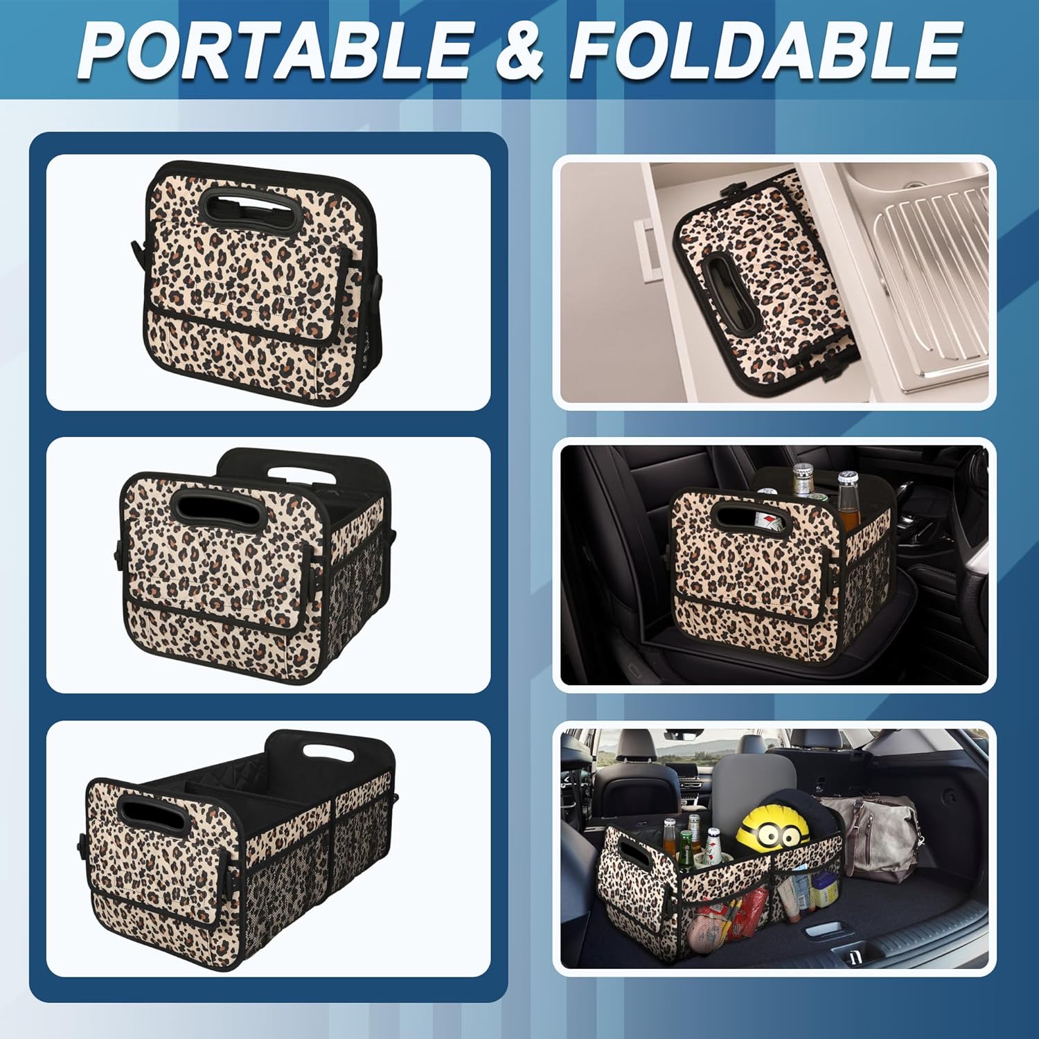 Deosk Car Trunk Organzier for suv,Car Organziers and Storage with 6 Big Pocket for Women/Men 50L Waterproof Polyester Trunk Organzier for Minivan/Truck(Medium,Leopard print)