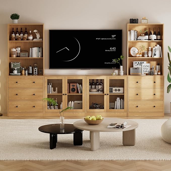 TUSY 71" Large TV Stand Set - TV Entertainment Center for TVs up to 65", Media Center with Tempered Glass Doors and Drawer, TV Hutch with Bookshelves for Living Room (Wood, BDDB)