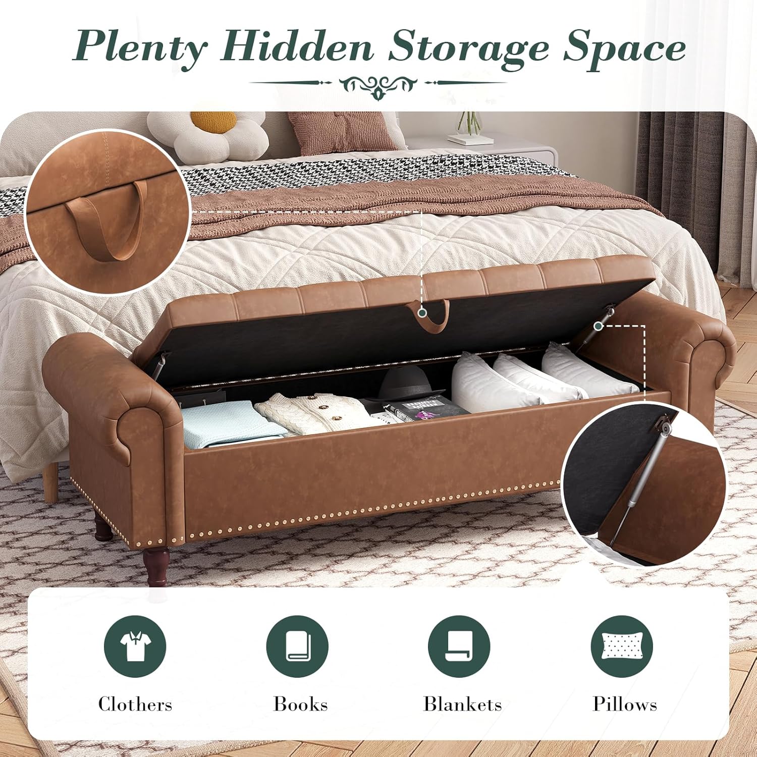 Apicizon 60” Bench with Storage, Upholstered Tufted Button Bedroom Bench with Storage, Faux Leather Ottoman Bench for Bedroom, Living Room, Entryway, Yellow Brown