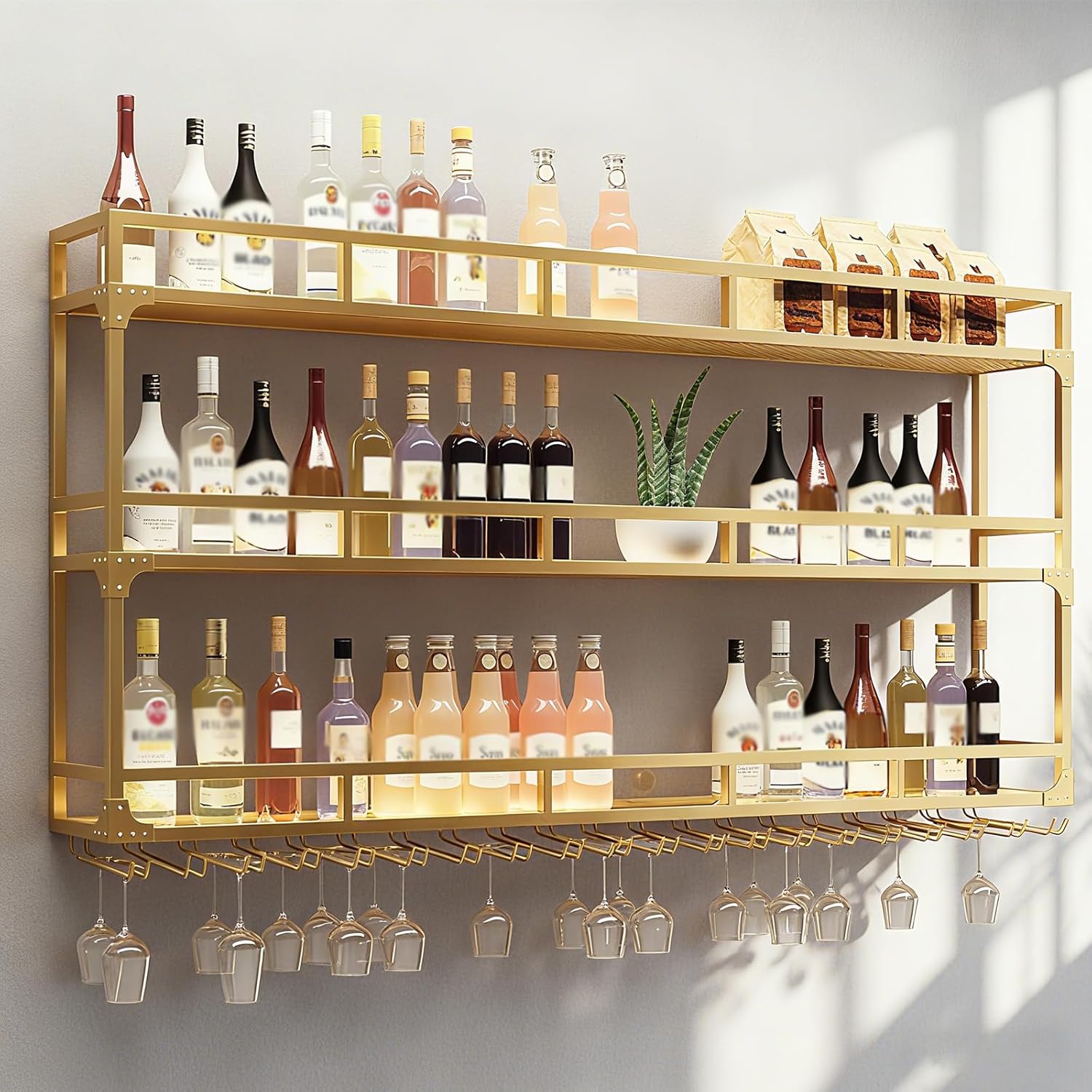 47.2in Wall Mounted Wine Rack, Wine Rack Wall Mounted with Wine Glass Rack, Metal Bar Bottle Display Shelf Wine Cups Hanging Holder, for Home Bar Cafe Decoration (Gold, 47.2 * 10 * 35.5IN)