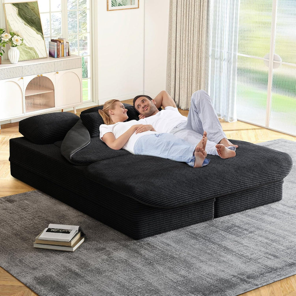 Antetek Convertible Sleeper Sofa, Modern Folding Futon Corduroy Floor Foam Compression Loveseat Sofa Bed Couch, Foldable Full Size Guest Bed with 4 Pillows for Living Room Bedroom Apartment, Black
