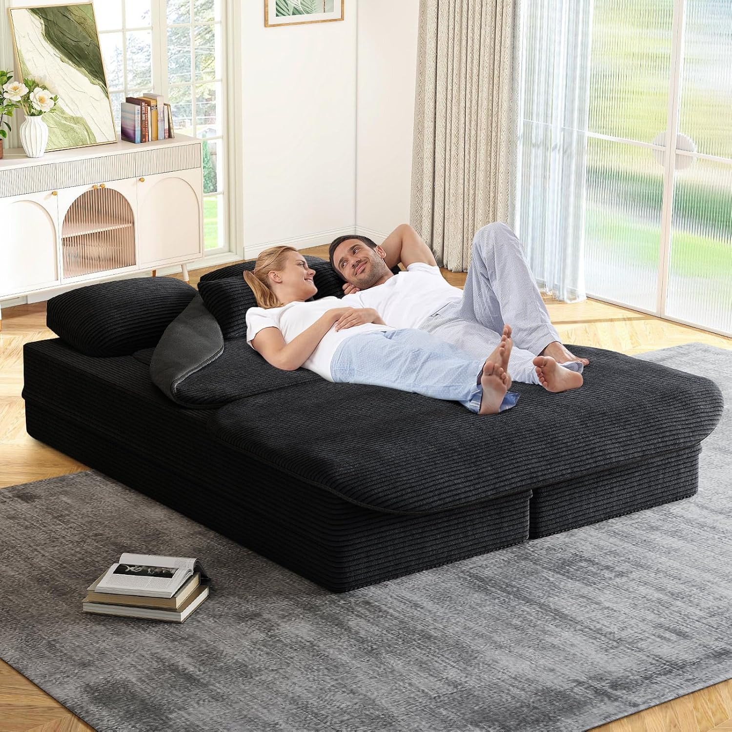 Antetek Convertible Sleeper Sofa, Modern Folding Futon Corduroy Floor Foam Compression Loveseat Sofa Bed Couch, Foldable Full Size Guest Bed with 4 Pillows for Living Room Bedroom Apartment, Black