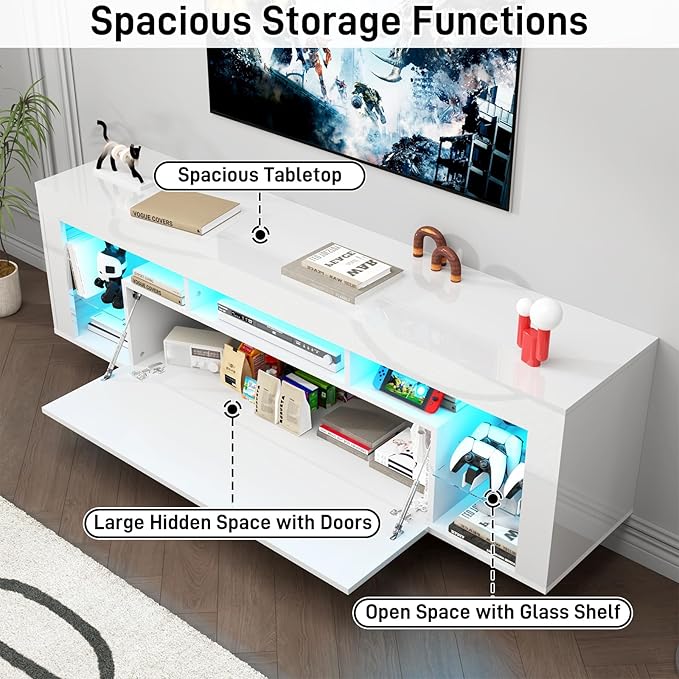 63" Floating High Gloss LED TV Stand for 75" TVs, Wall-Mounted Entertainment Center, Modern Media Console with Open Adjustable Glass Shelf and Hidden Storage Cabinet, White