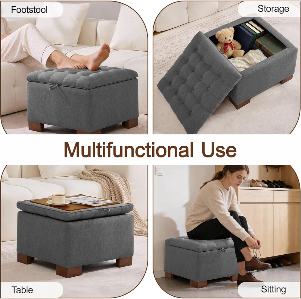 WUTUTUEE 24" Fabric Square Storage Ottoman with Wooden Tray, Modern Tuft...