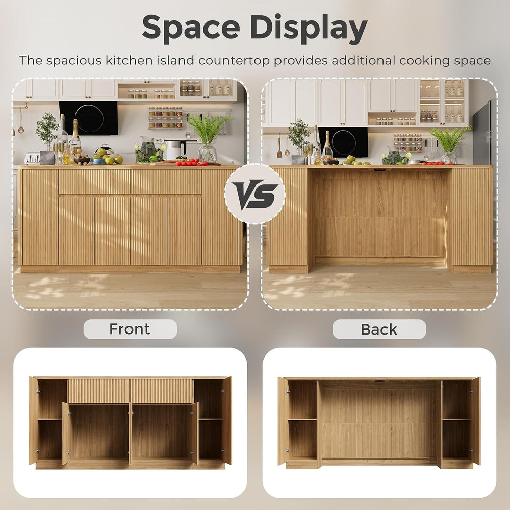 Mekminop 74.8" W Large Kitchen Island, Natural, Wavy Design | Storage, S...