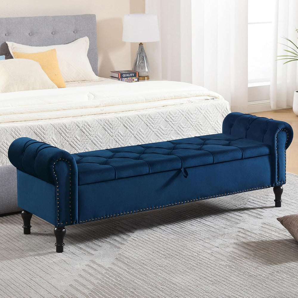 Velvet Storage Bench 67 Inch Upholstered Tufted Ottoman Bench with Arms Large...