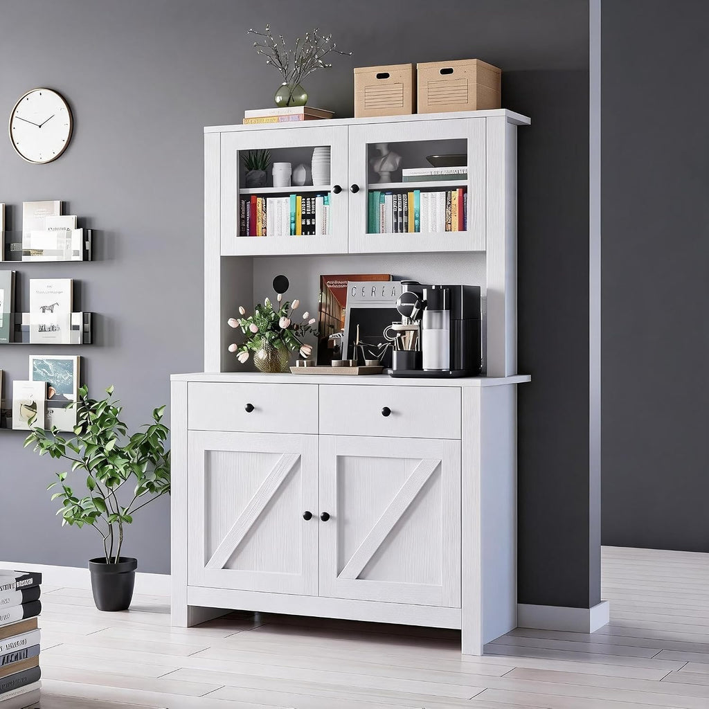 Freestanding Kitchen Pantry Cabinet with Microwave Countertop, Tall Storage Hutch Buffet Cupboard with Adjustable Shelves & Tempered Glass Door, Multifunctional Storage Cabinet for Kitchen Dining Room