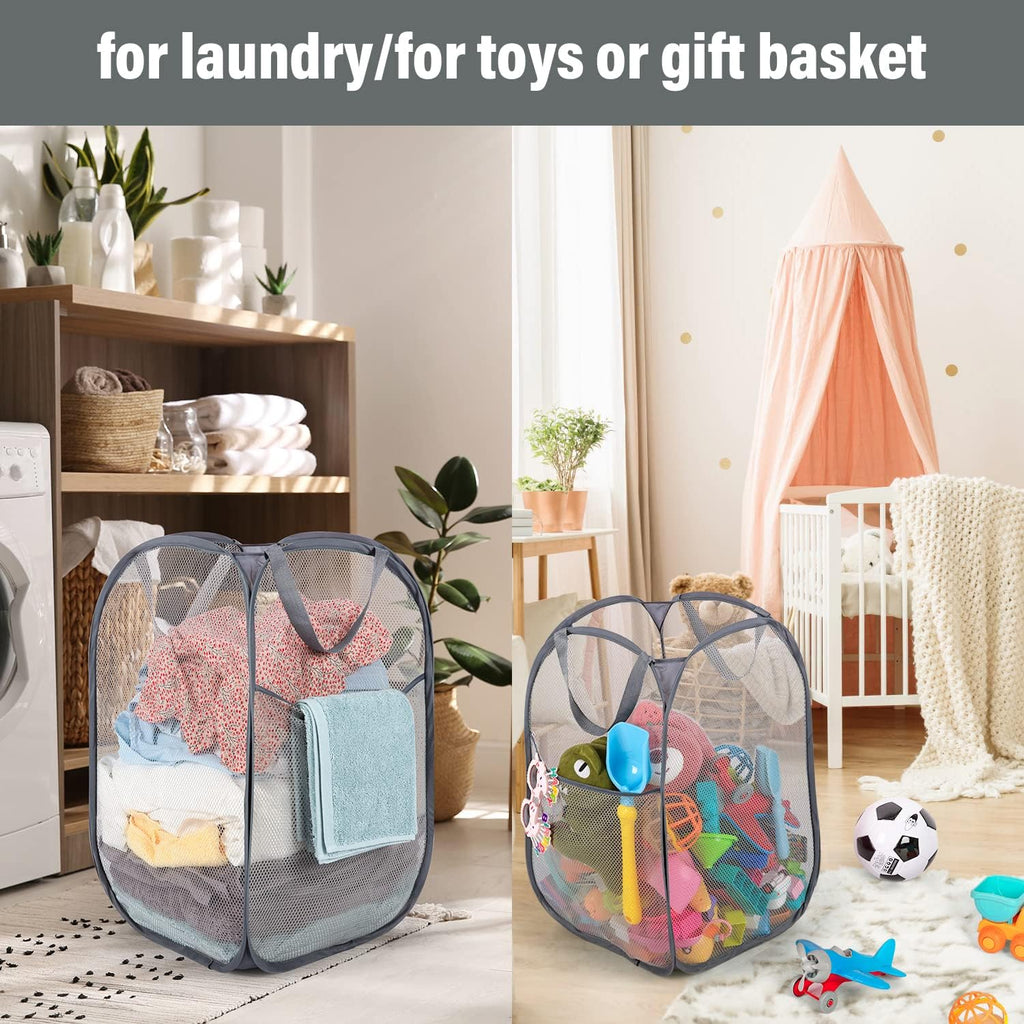 BATTOO 3 Pack Collapsible Laundry Basket Strong Mesh Pop Up Laundry Hamper for Laundry Foldable Hampers with Side Pocket Reinforced Handles for Bathroom, Kids Room, College Dorm or Travel Grey