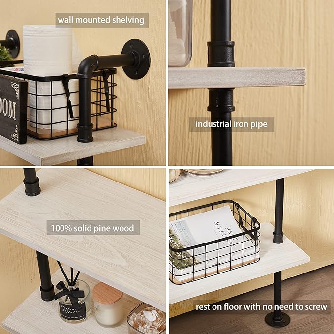 Pipe Industrial Ladder Shelves Bookcase, Wall Mounted Retro Wood Metal Pipe Rustic Bookshelf (White, 5 Tier - 10" D x 48" W x 70" H)