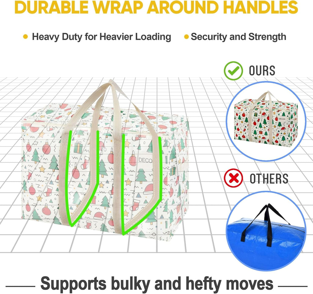 VENO 2 Pack Moving Bags and Large Christmas Storage Bins with lids. Alternative to Moving Boxes, Packing Supplies for College. Extra Large Heavy Duty Totes for Packaging (Jingle Mix, 2 Pack)