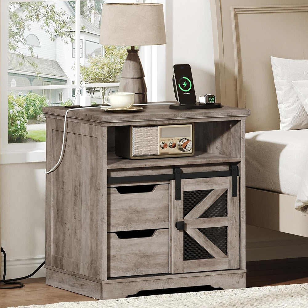 RALGEND Farmhouse End Table with Charging Station, Sofa Side Table with 2 Dra...