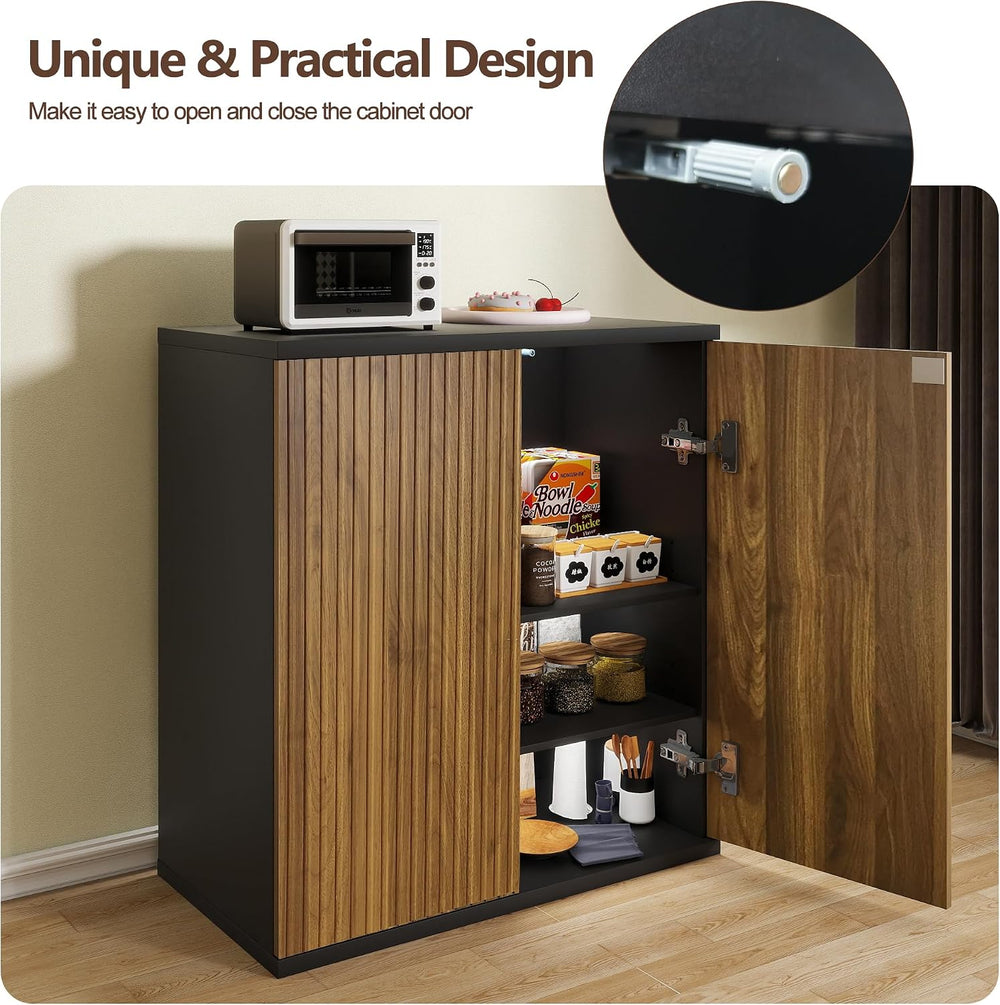 Buffet Cabinet with Storage Walnut Fluted Wooden Accent Sideboard with Pop-Up...