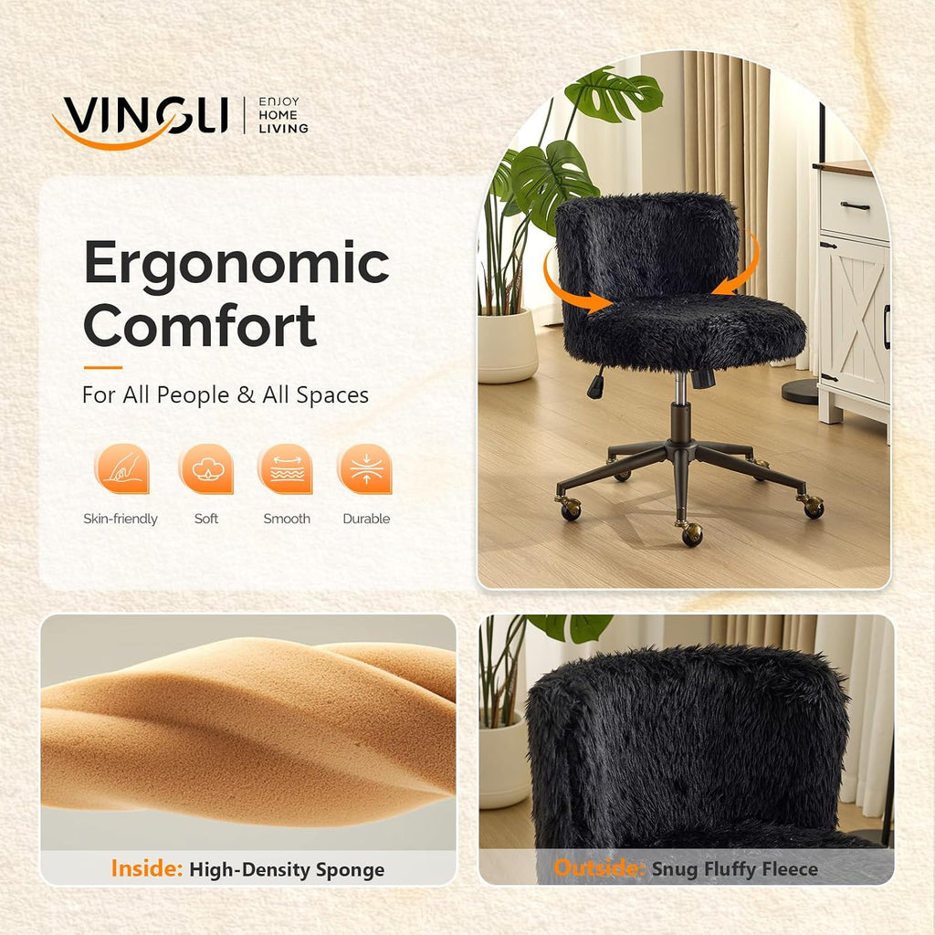 VINGLI Plush Upholstery Vanity Desk Chair with Curved Back & 90-102° Tilt & Adjustable Height, Cute Rolling Chair with Bronze Base & Golden-Bronze 360° Swivel Wheels for Makeup & Home Office, Black