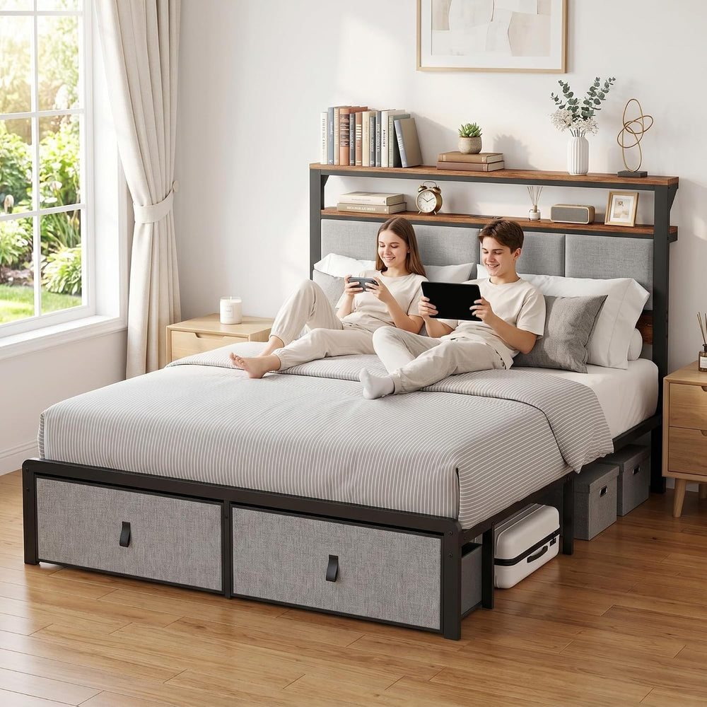 Queen Bed Frame with 2 Storage Drawers & Charging Station, Headboard, Grey