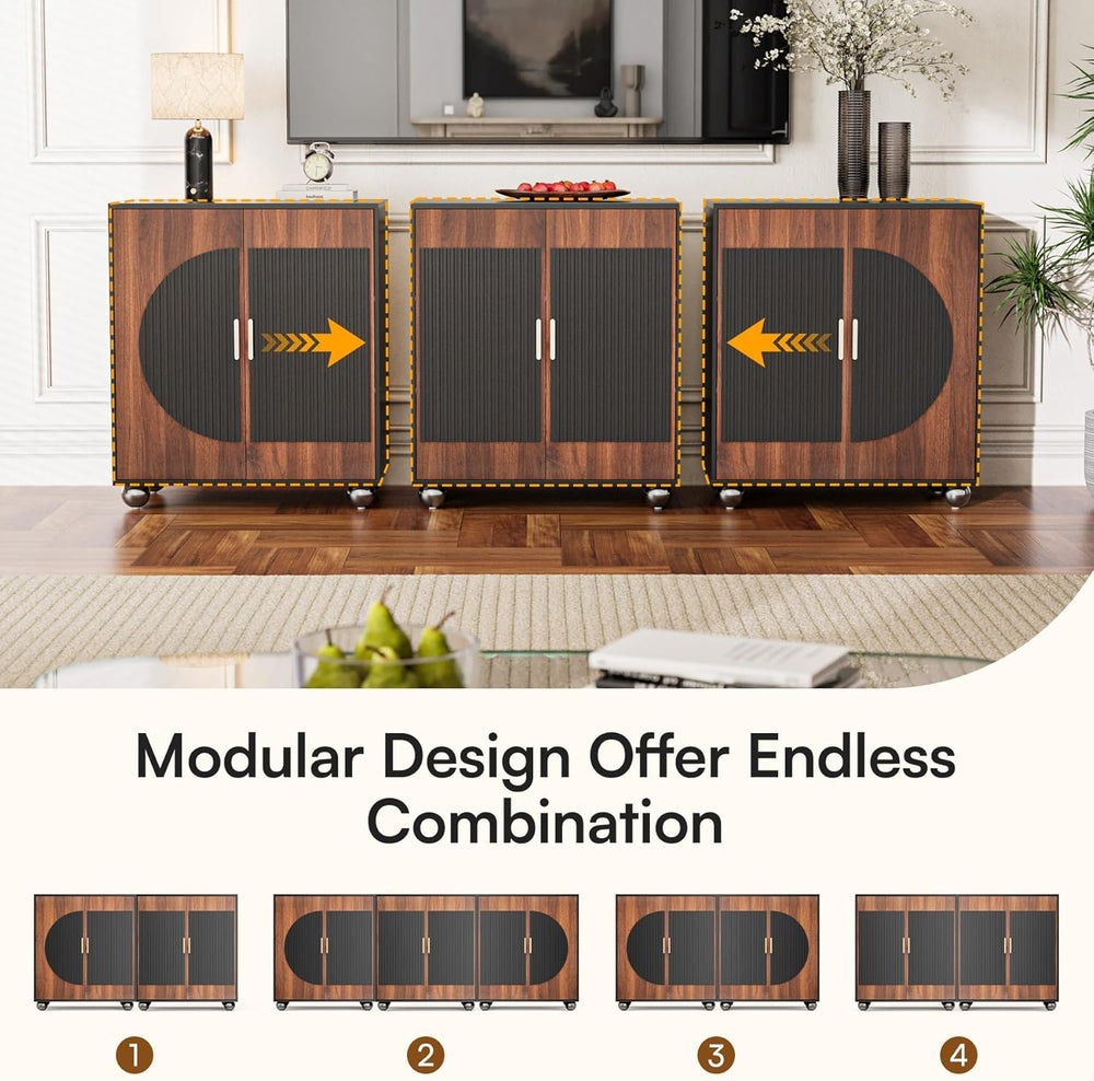 87" Fluted Modular Buffet Cabinet with Arched Doors & Gold Handles, ...