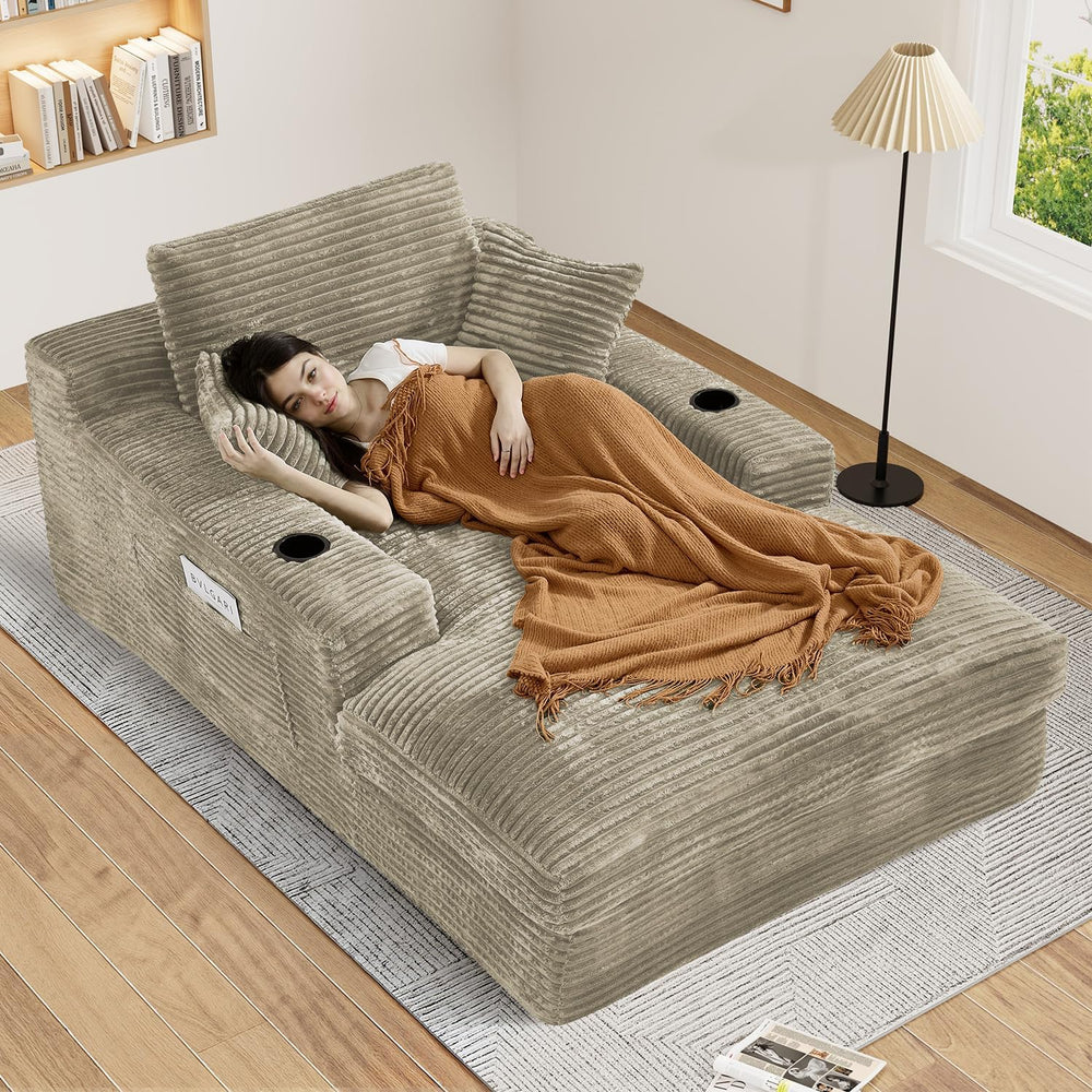 75.9"D Oversized Chaise Lounge Chair Indoor with Cup Holders,Camel