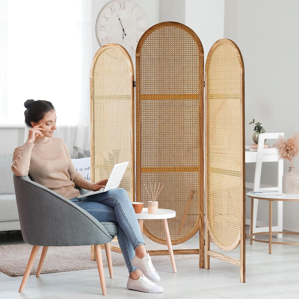 3 Panel Rattan Room Divider Screen, Boho Folding Privacy Screen