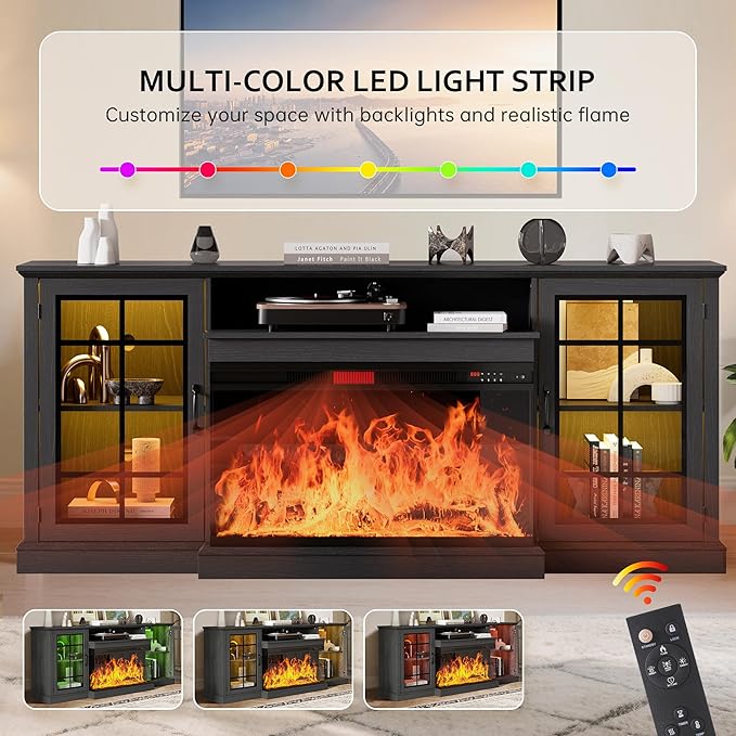 oneinmil 80'' Fireplace TV Stand with 3-Sided Glass, TV Cabinet for TVs up to 85", 80'' Modern Media Entertainment Center with Farmhouse Glass Door Storage Cabinets, Black
